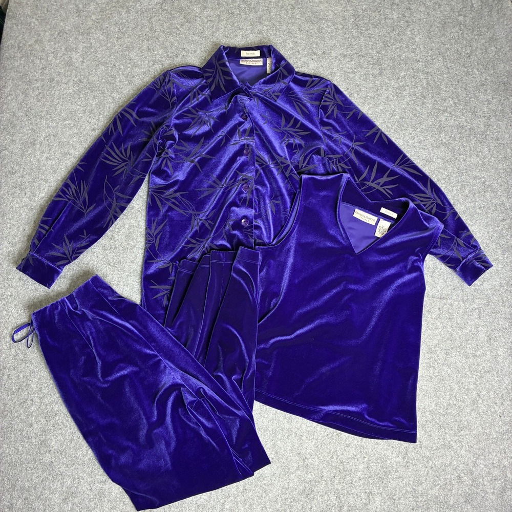 Draper & Damons Women's PXS 3pc Velvet Lounge Sleep Set Purple Bamboo Leaf